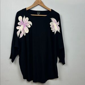 AAEDA Embroidered Pink Felted Flower Kimono Sleeve Black Sweater Sz 1X
